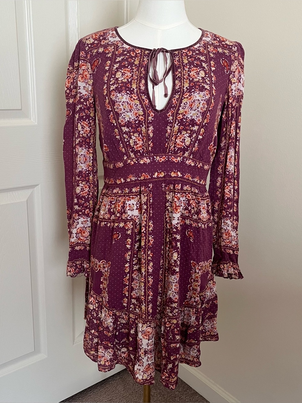 Free People Purple Floral Long Sleeve Mini Dress Womens Size SP Summer Boho